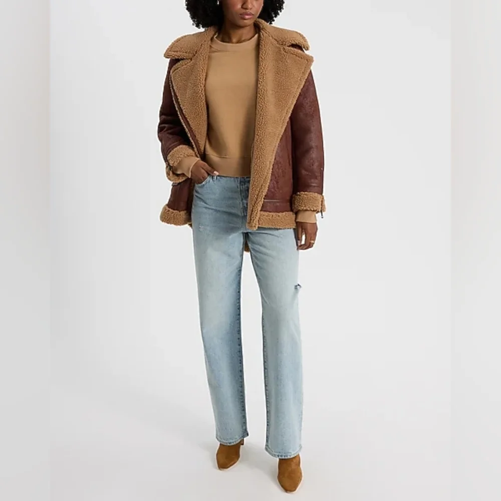 Express Crew Neck Banded Bottom Cropped Sweatshirt - Camel - Size M - Picture 3 of 6